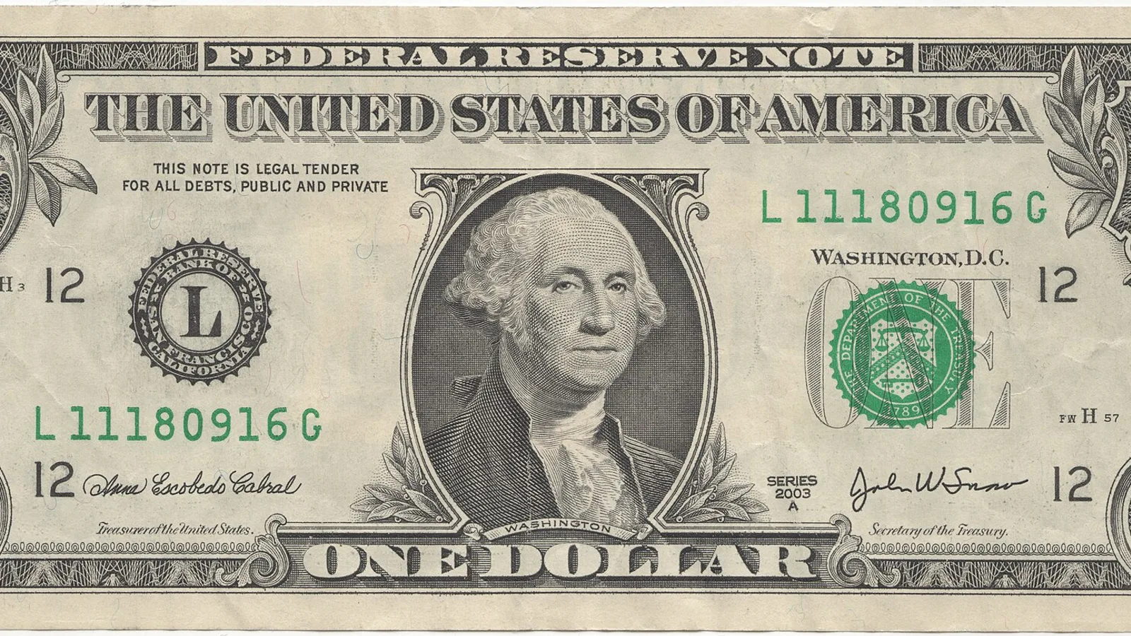 United States one dollar bill, obverse